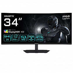 GIGABYTE G34WQC2 34” WQHD Curved Gaming Monitor - 3440 x 1440, 1500R, 200Hz, 1ms, 450 cd/m2, AMD FreeSync Premium, DisplayHDR 400, HDMI 2.0, Displayport 1.4