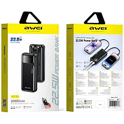 Powerbank Awei PA-93 20000mAh 22,5W PD 2xUSB-C + kabel czarny