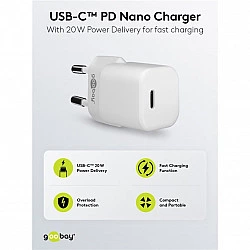 USB-C Schnellladegerät Nano, PD, GaN, 20 Watt (weiß, 1x USB-C, Power Delivery 3.0)