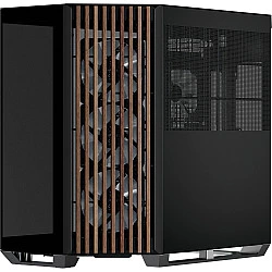 V1-W-BK-v3, Tower-Gehäuse schwarz, Tempered Glass x 2, Holz-Verkleidung