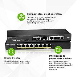 ZYXEL GS1915-8EP, 8-PORT GBE POE SMART HYBRID MODE SWITCH, STANDALONE OR NEBULAFLEX CLOUD, 60 WATT 802.3AT, DESKTOP, FANLESS