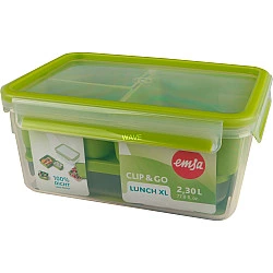 emsa XL Lunchbox CLIP & GO, 2,3 Liter, transparent / grün rechteckig, mit 3 Einsätzen und extra Behälter, 100% dicht - 1 Stück (3110600385)
