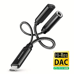 AXAGON ADA-HCPD USB-C zu 3.5-mm-Klinkenstecker und USB-C, Hi-Res DAC, 384kHz/32bit, 60 W PD - schwarz