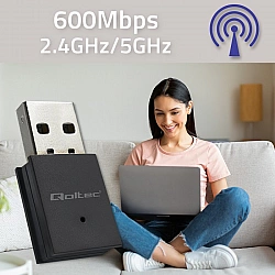 QOLTEC 56989 Bezprzewodowy Ultra szybki mini adapter WiFi Standard AC BT 4.0 USB 600Mbps