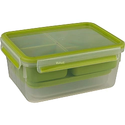 emsa XL Lunchbox CLIP & GO, 2,3 Liter, transparent / grün rechteckig, mit 3 Einsätzen und extra Behälter, 100% dicht - 1 Stück (3110600385)