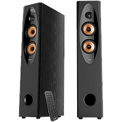 F&D T-60X PRO 2.0 Floorstanding Speakers, 120W RMS ( 60Wx2), 1'' Tweeter + 4'' Speakers x2 + 8'' Subwoofer for each channel, BT 5.3/Optical/COAXIAL/AUX/USB/Karaoke function/LED Display/Remote control/Microphone/Wooden, Touch buttons, Black