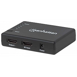 Manhattan HDMI Splitter 4-Port (Compact), 4K@30Hz, Displays output from x1 HDMI source to x4 HD displays (same output to four displays), AC Powered (cable 0.7m), Black, Three Year Warranty