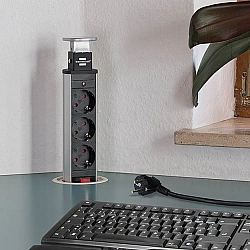 Tower Power versenkbare Steckdosenleiste 3-fach silber/schwarz, 2 Meter, 2x USB-A