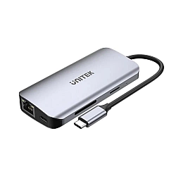 Unitek Aktywny hub USB-C 5Gbps, 2x HDMI 4K, czytnik kart, RJ-45, PD 100W
