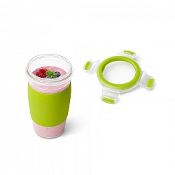emsa Smoothie Mug CLIP & GO, 0,45 Liter, rund Smoothie Becher mit Silikonmanschette, transparent / grün - 1 Stück (3110600383)