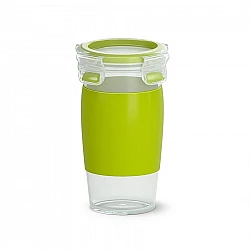 emsa Smoothie Mug CLIP & GO, 0,45 Liter, rund Smoothie Becher mit Silikonmanschette, transparent / grün - 1 Stück (3110600383)