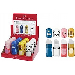 FABER-CASTELL Radierer-Spitzer-Kombi Faces, im Display Einfachspitzdose für Blei- und Farbstifte, geeignet für alle - 12 Stück (583513)