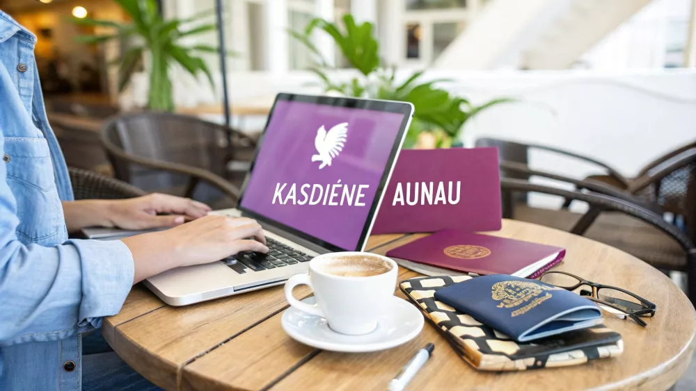 Moteris dirba su nešiojamu kompiuteriu, šalia pasų ir kavinės puodelio, planuoja kasdienius kelionės reikalus